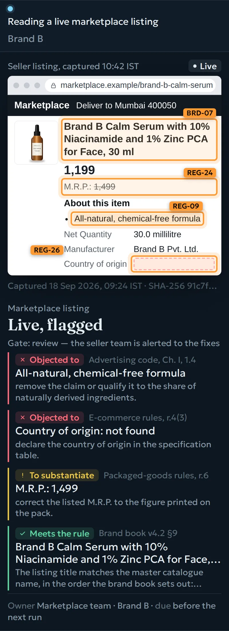 The engine reading a marketplace listing — each flagged line boxed, with the findings listed below it