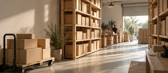 An aisle in a small trade warehouse: plain kraft cartons on pale timber shelving, a pallet trolley at the left and daylight from an open roller shutter.