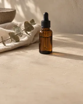 An unbranded amber glass dropper bottle on a sand-coloured plaster surface, beside folded cream linen and a dried eucalyptus sprig.