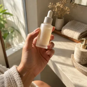 A hand holding an unbranded frosted glass dropper bottle up to window light in a bathroom, with a folded towel and dried flowers behind.